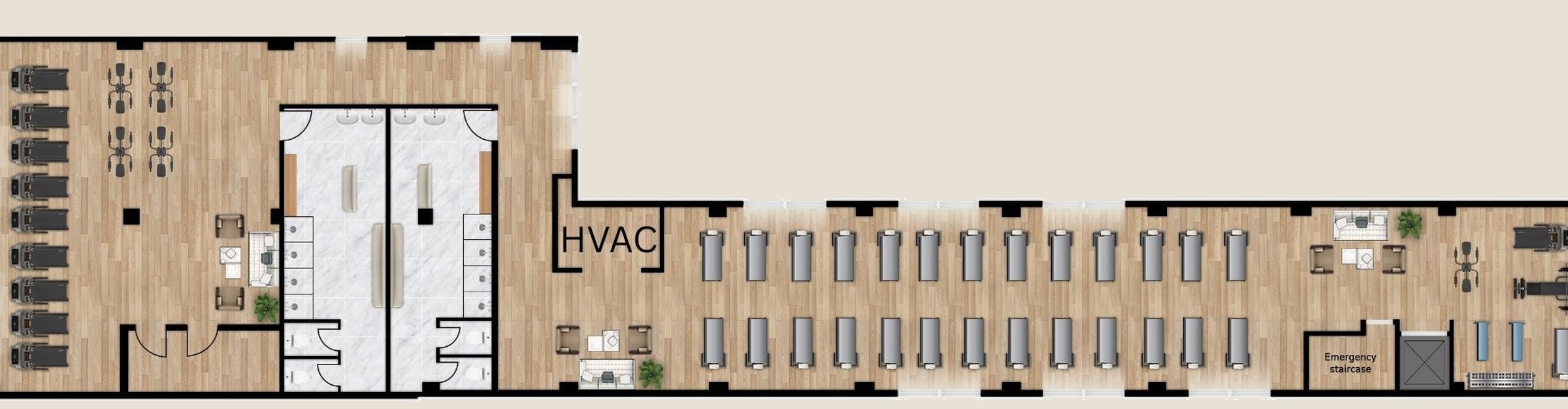 Floorplan 3: the entire second floor drawn as a fitness studio with treadmills, pilates reformers, private training, lounges and locker rooms